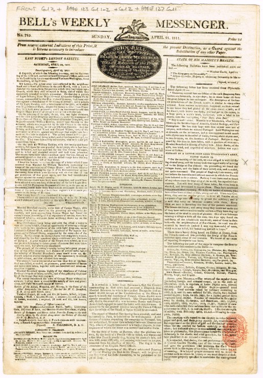 Image for BELL'S WEEKLY MESSENGER NO. 785. SUNDAY APRIL 21, 1811 (BATTLE OF BARROSA - TAKING A FRENCH EAGLE)