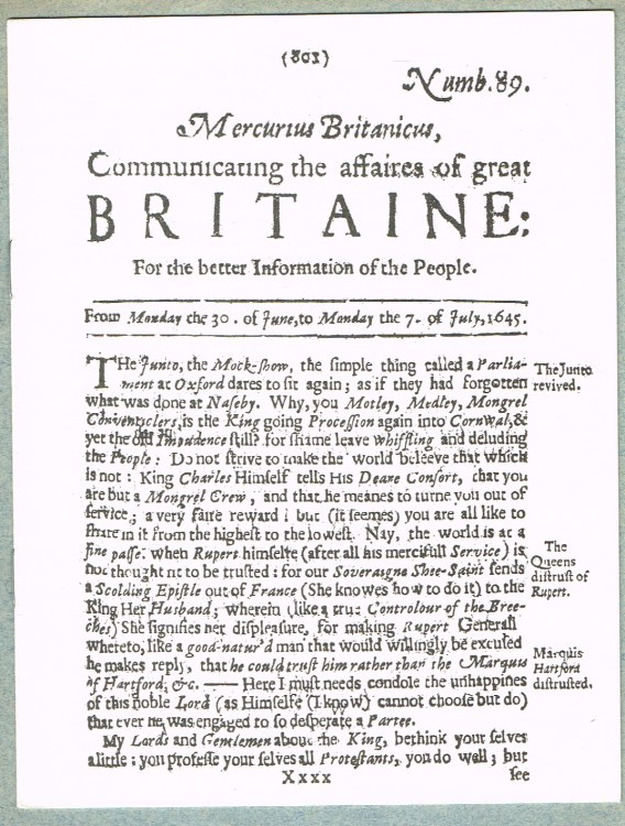 Image for MERCURIUS BRITANICUS, COMMUNICATING THE AFFAIRES OF GREAT BRITAINE NUMBER 89 : FROM MONDAY THE 30 OF JUNE, TO MONDAY THE 7 OF JULY, 1645